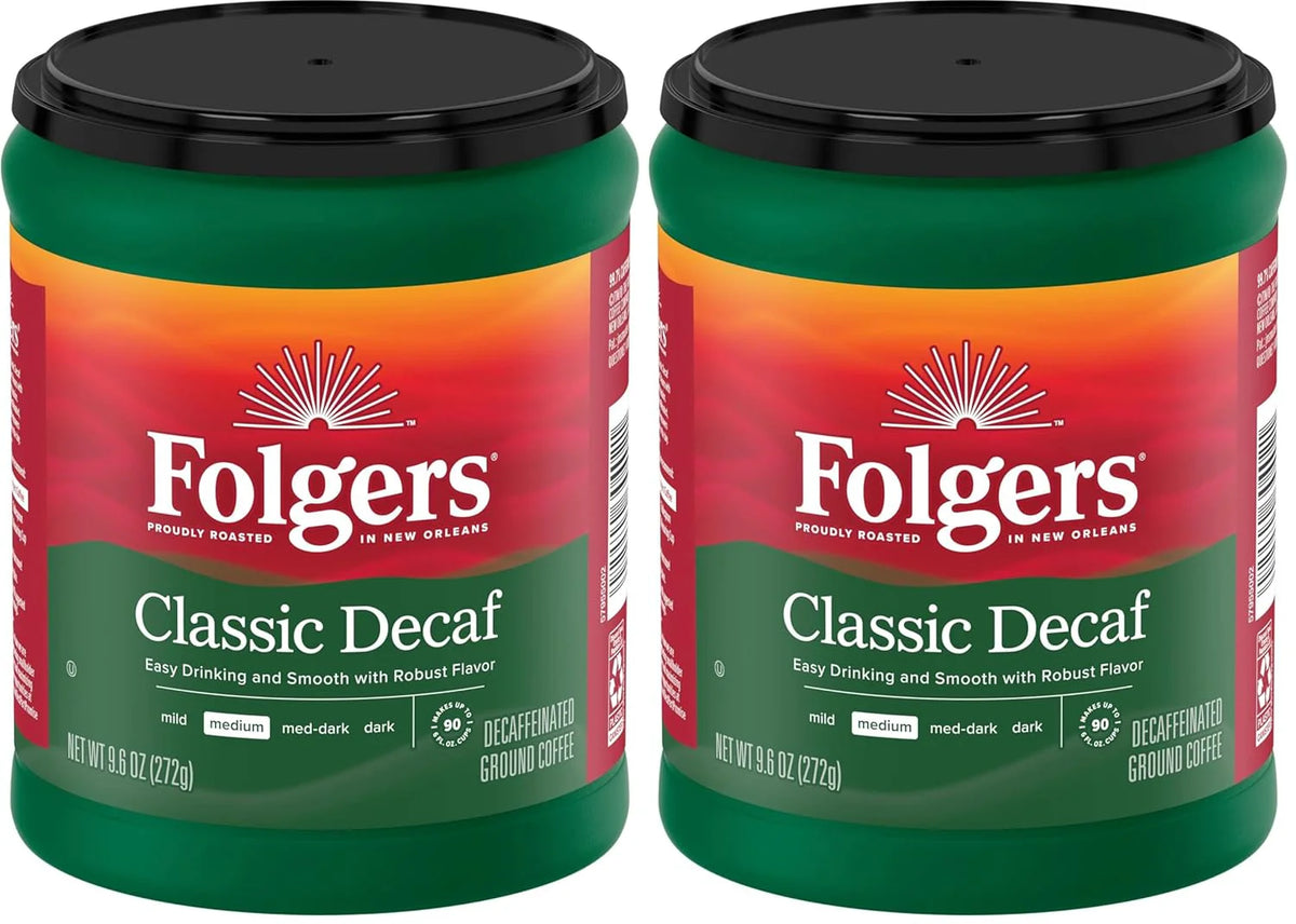 Folgers Decaf Coffee, Ground Coffee, Classic Medium Roast, 9.6 Ounce Canister (Pack of 2)